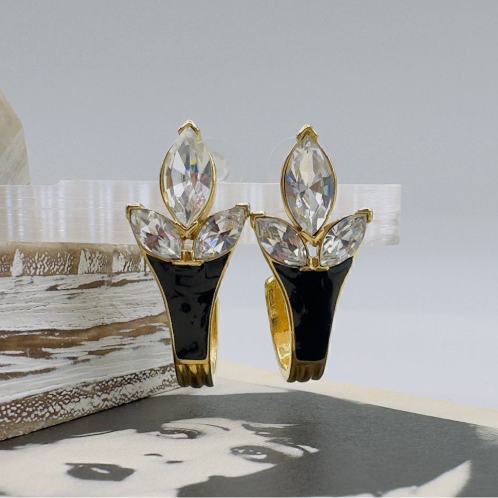 Vintage Trifari Runway Swarovski Gold Black Enamel Earrings